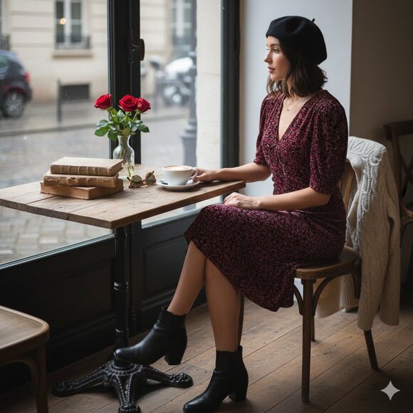 ✨ TOPSHOP “Bizzy Lizzy” Red Velvet Floral Puff Sleeve Tea Dress | Size 12 ✨ - Picture 2 of 10